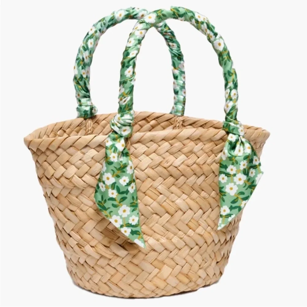 Kayu Green Floral Mini Natalie Woven Straw Tote with Green Scarf-Handle